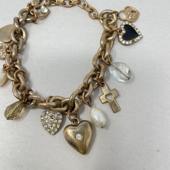 You & I Charm Bracelet Gold-Tone Hearts Cross Religious Love Chain Dangle - Picture 3 of 9